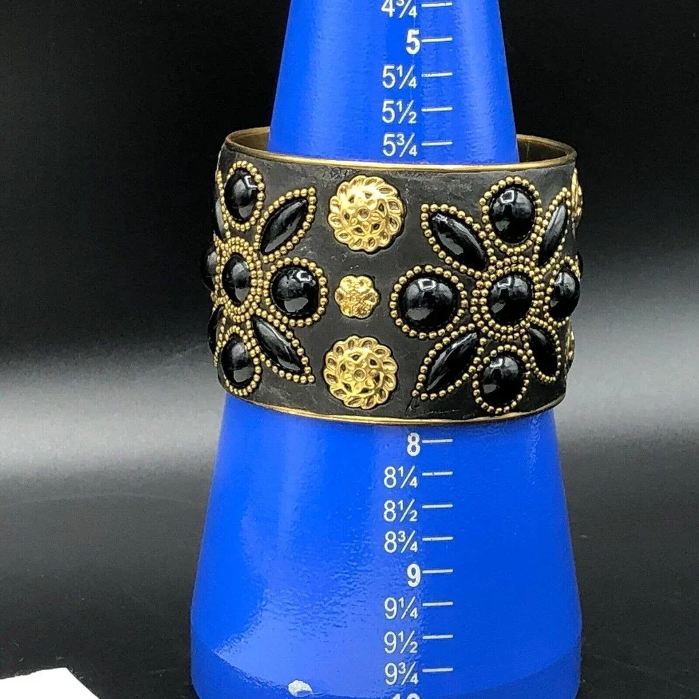Handmade Artisan‎ Brass Floral Bracelet Ornamental Beads Black Resin Cuff Bangle